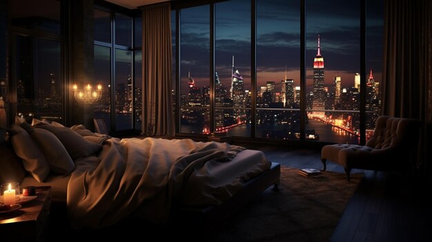 Photo a bedroom with a view of a cityscape