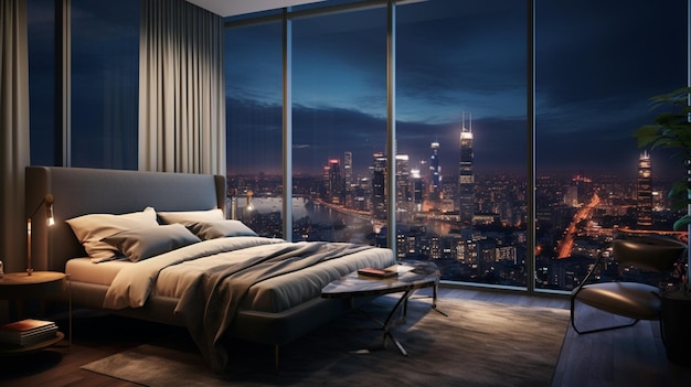 a bedroom with a view of a cityscape