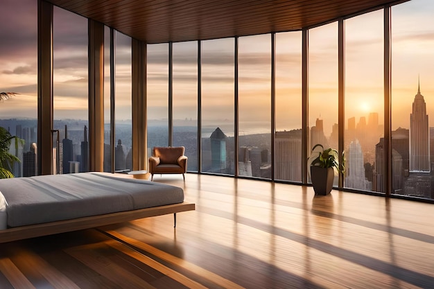 A bedroom with a view of a cityscape.