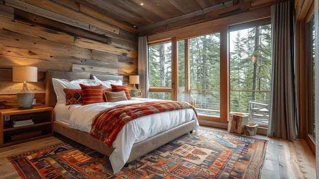 A bedroom with a view of a forest