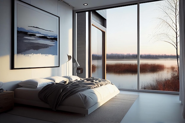 A bedroom with a view of the lake and the sky