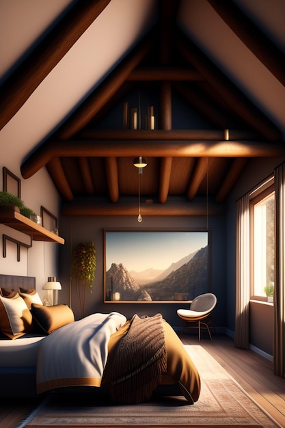 A bedroom with a view of a mountain and a bed with a blanket on it.