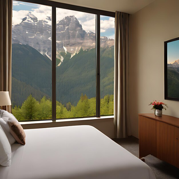 a bedroom with a view of a mountain and a mountain view