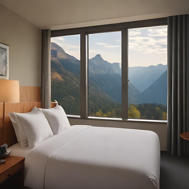 a bedroom with a view of a mountain view