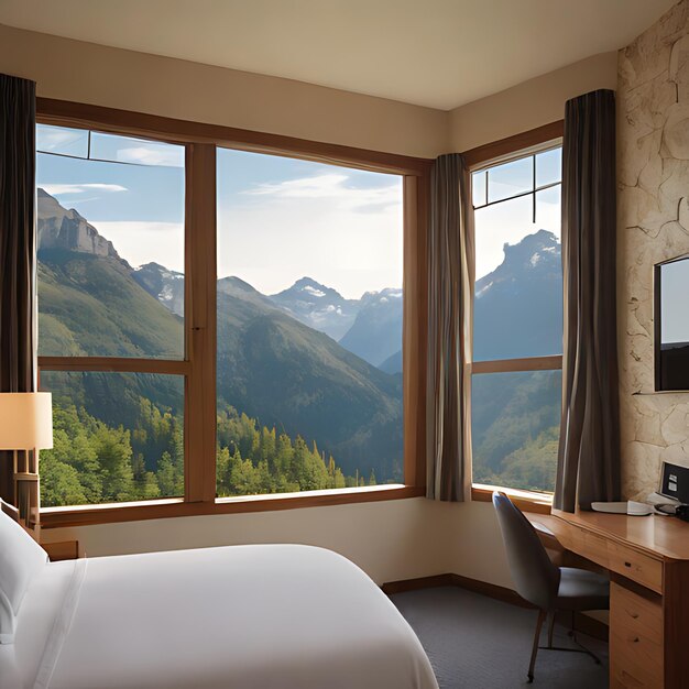 a bedroom with a view of mountains and a bed with a mountain view