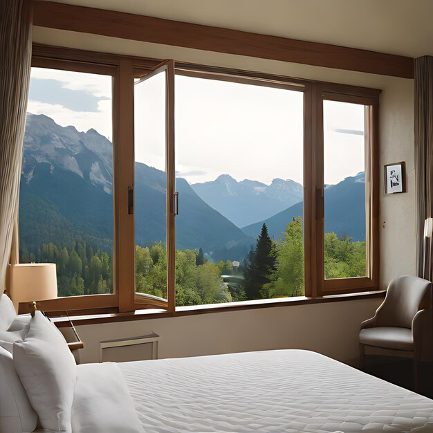 a bedroom with a view of mountains and a bed with a view of mountains