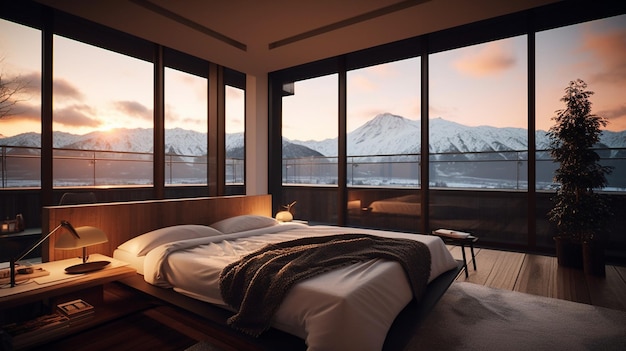 A bedroom with a view of the mountains in the distance