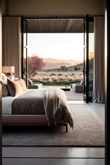 A bedroom with a view of the mountains in the distance.