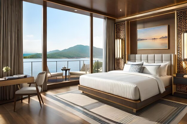 A bedroom with a view of the mountains and a lake.