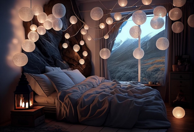 A bedroom with a view of the mountains and the lights