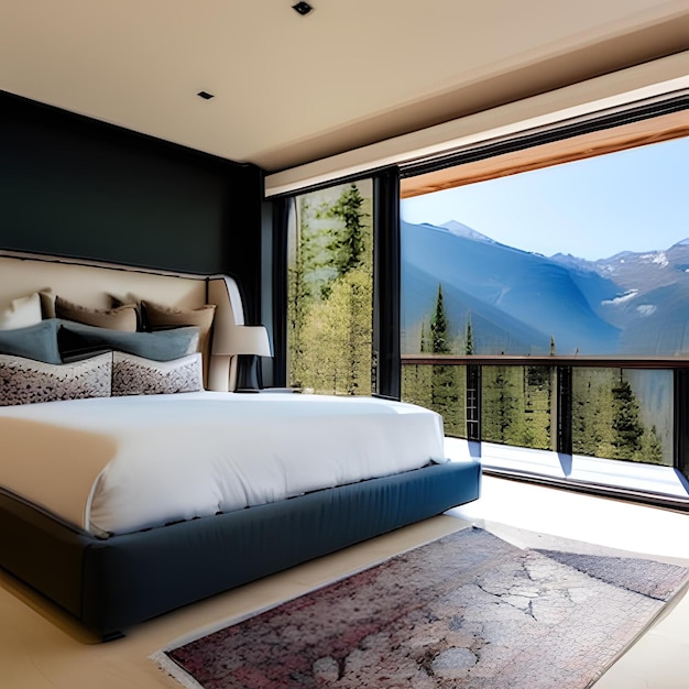 A bedroom with a view of the mountains and the mountains