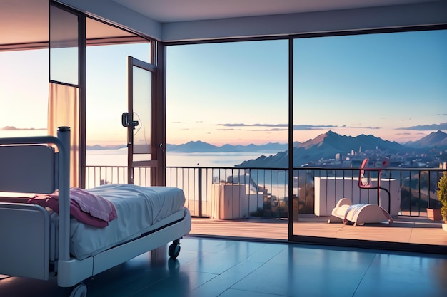 Photo a bedroom with a view of the mountains and the ocean.