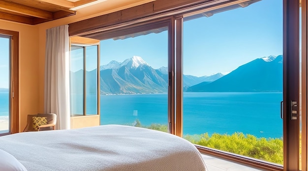 A bedroom with a view of the mountains and the ocean