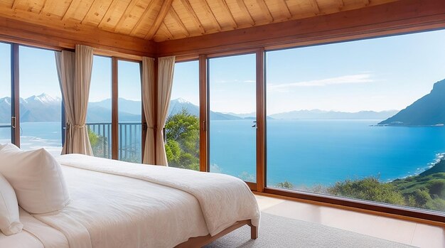 A bedroom with a view of the mountains and the ocean