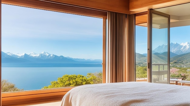 A bedroom with a view of the mountains and the ocean