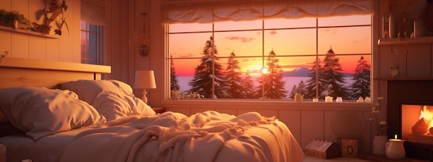 夕暮れの山の景色のある寝室