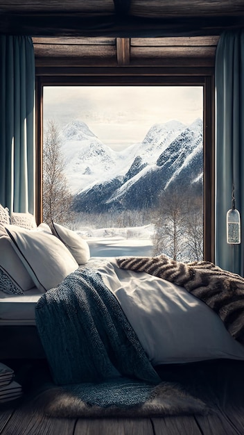 A bedroom with a view of the mountains and the window