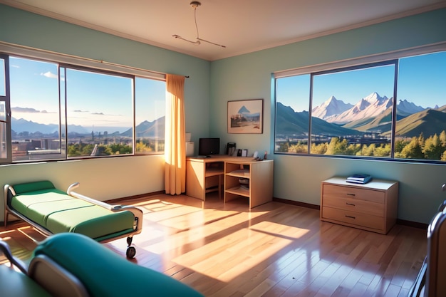 Photo a bedroom with a view of the mountains and a window