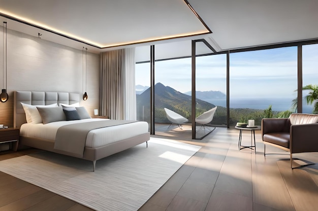 A bedroom with a view of the mountains