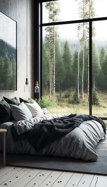 A bedroom with a view of the mountains