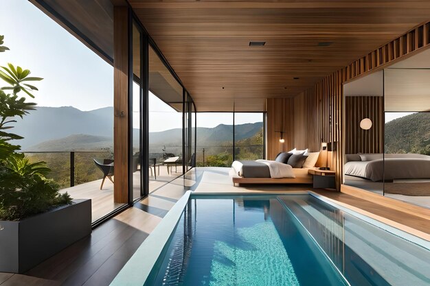 A bedroom with a view of the mountains