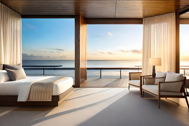 A bedroom with a view of the ocean and a balcony with a view of the ocean