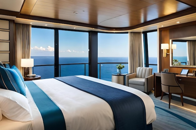 A bedroom with a view of the ocean and a balcony.