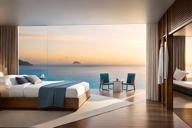 bedroom with a view of the ocean and a beautiful sunset