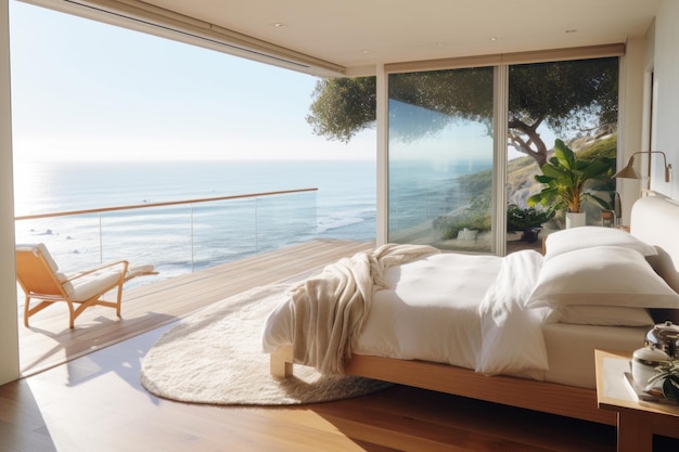 A bedroom with a view of the ocean and a bed with a blanket on it.