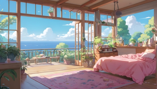 a bedroom with a view of the ocean and a bed with a pink blanket