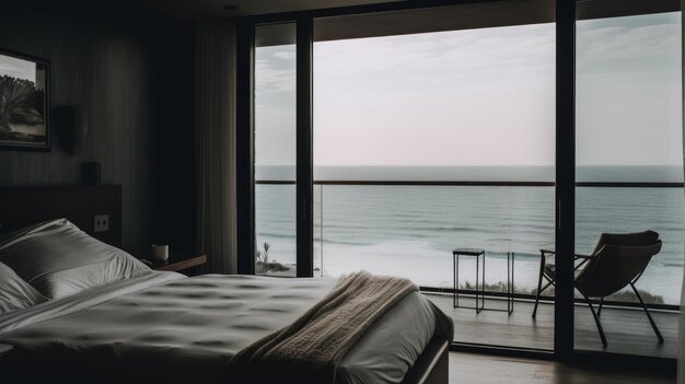 Photo a bedroom with a view of the ocean generative ai image
