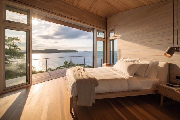 A bedroom with a view of the ocean and the sky