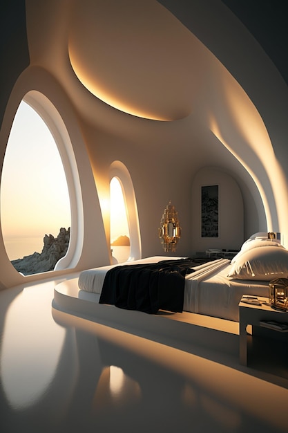 A bedroom with a view of the ocean and the sky