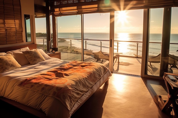 A bedroom with a view of the ocean and the sun shining through the windows.