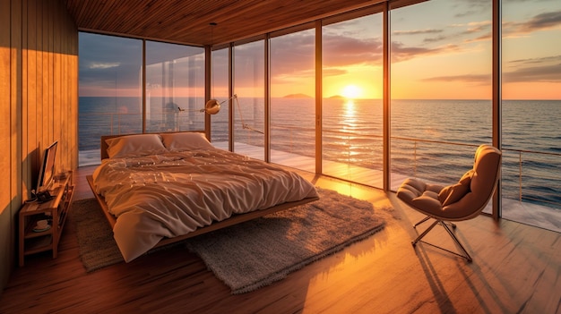 海と日没の景色のある寝室