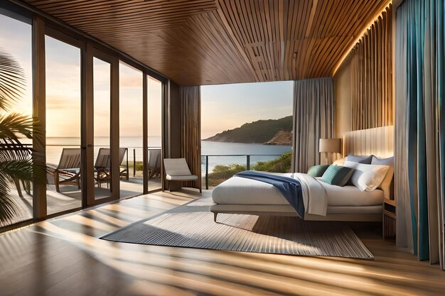 A bedroom with a view of the ocean and a view of the ocean