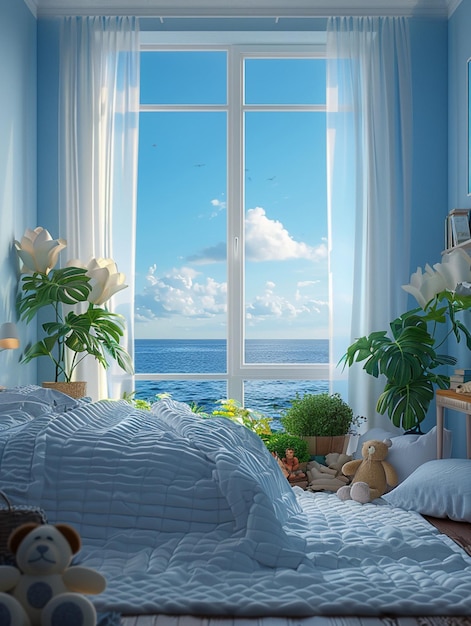 A bedroom with a view of the ocean white curtains white quilt light blue walls