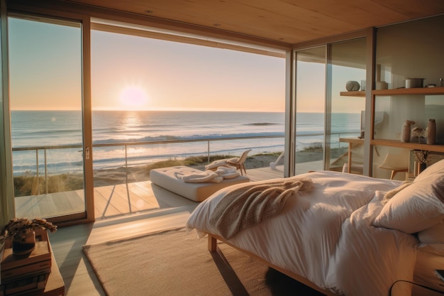 A bedroom with a view of the ocean.