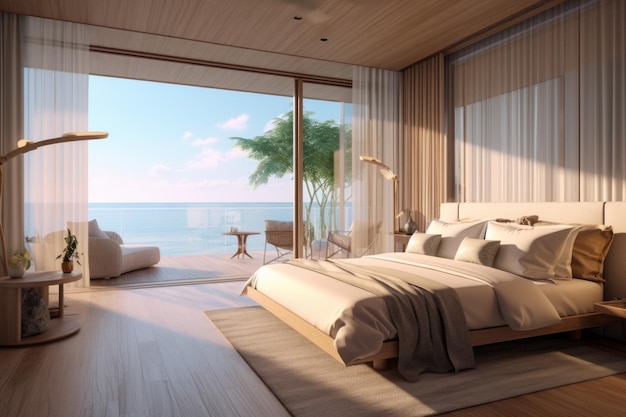 A bedroom with a view of the ocean.