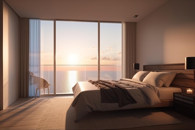 A bedroom with a view of the ocean.