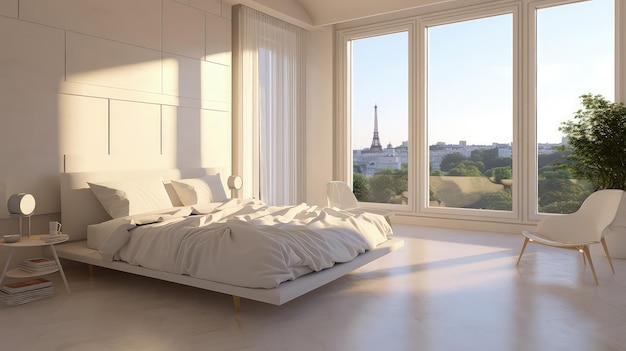 A bedroom with a view of paris in the background