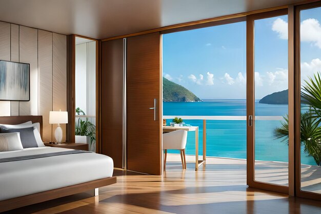 Bedroom with a view of the sea and mountains