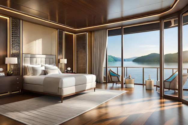 A bedroom with a view of the sea