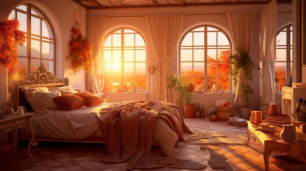 A bedroom with a view of the sun setting