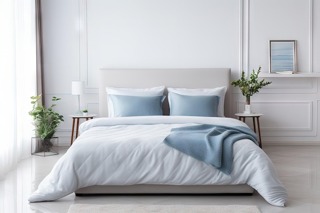Спальня с белым постельным бельем на диване-кровати, постельным бельем и тумбочкой. Синее изголовье с белыми подушками.
