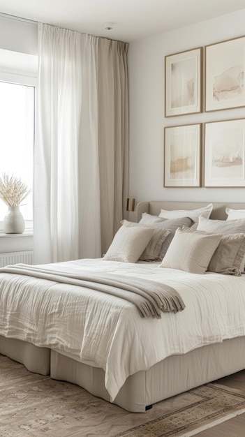 a bedroom with a white bed and a picture of a ship on the wall