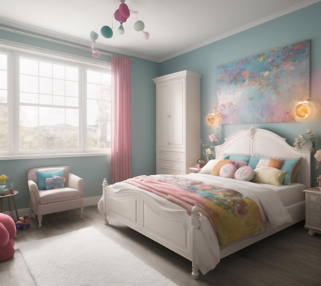 A bedroom with a white bed and a pink and blue wall with a painting on it.