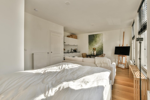 A bedroom with a white bed and a white couch