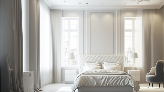 a bedroom with a white bed and a white headboard.