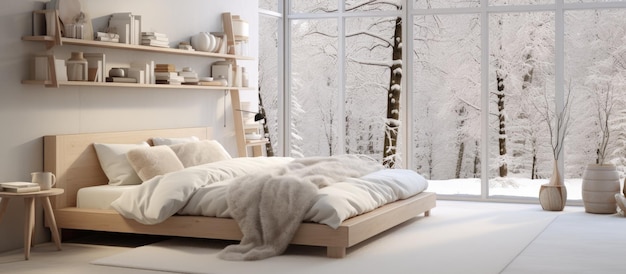 A bedroom with a white interior decor featuring a bed adorned with a cozy woolen blanket shelves